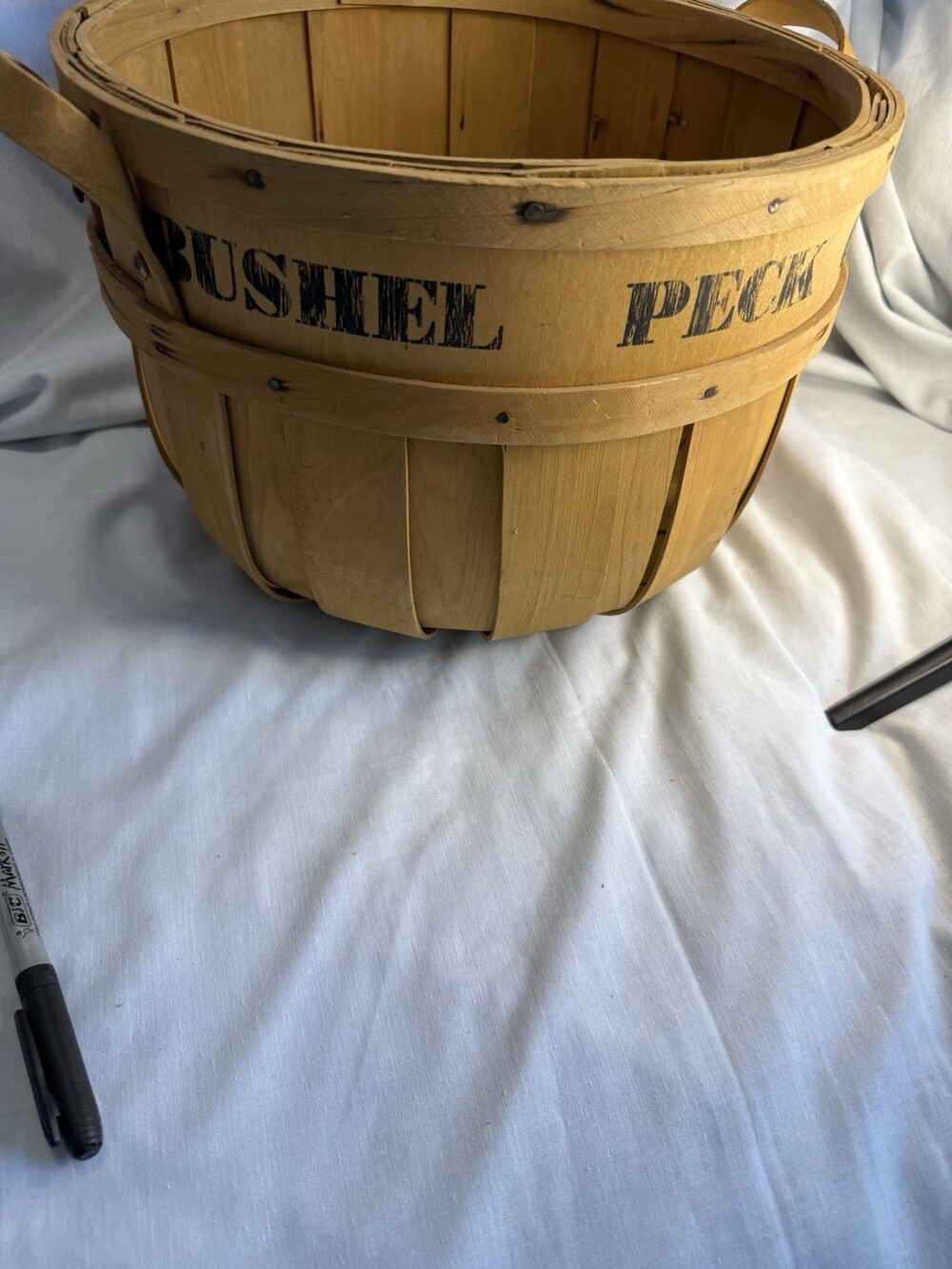 Vintage Primitive Wood Bushel Basket with Wood Handles. 9" wide.